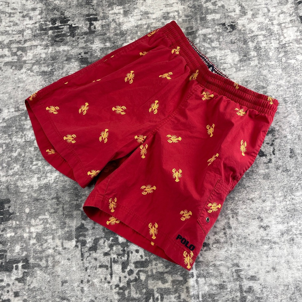 Polo Ralph Lauren Mens Medium Swim Trunks Red Lobster Embroidered Cotton Shorts
